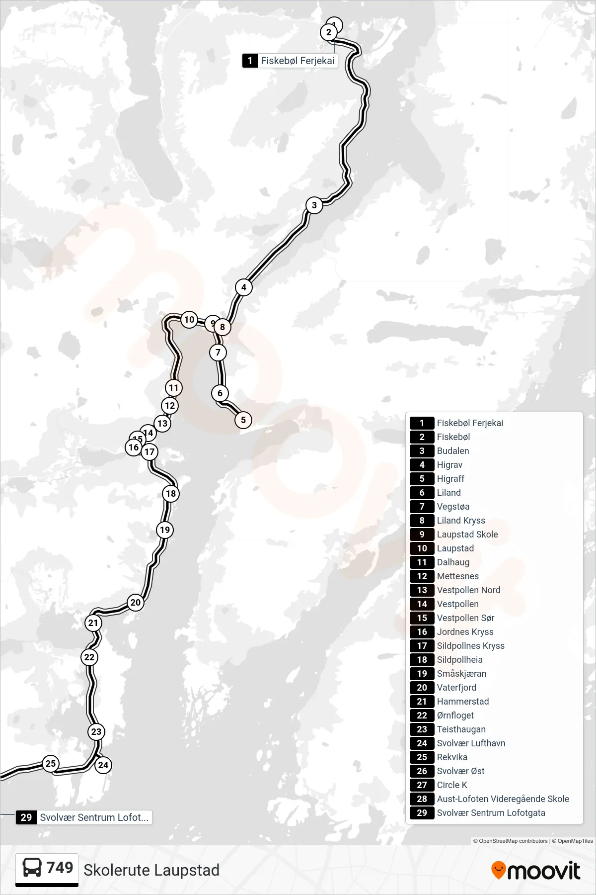 749 bus Line (Svolvær Sentrum Via Liland) route and stops on a map