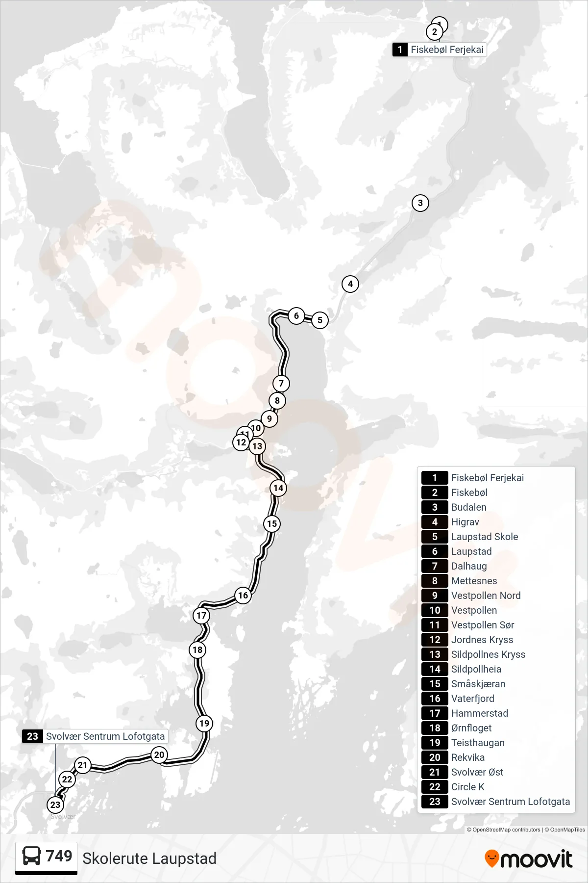 749 bus Line (Svolvær Sentrum) route and stops on a map