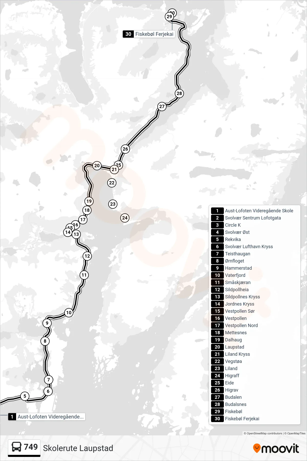749 bus Line (Fiskebøl Ferjekai) route and stops on a map