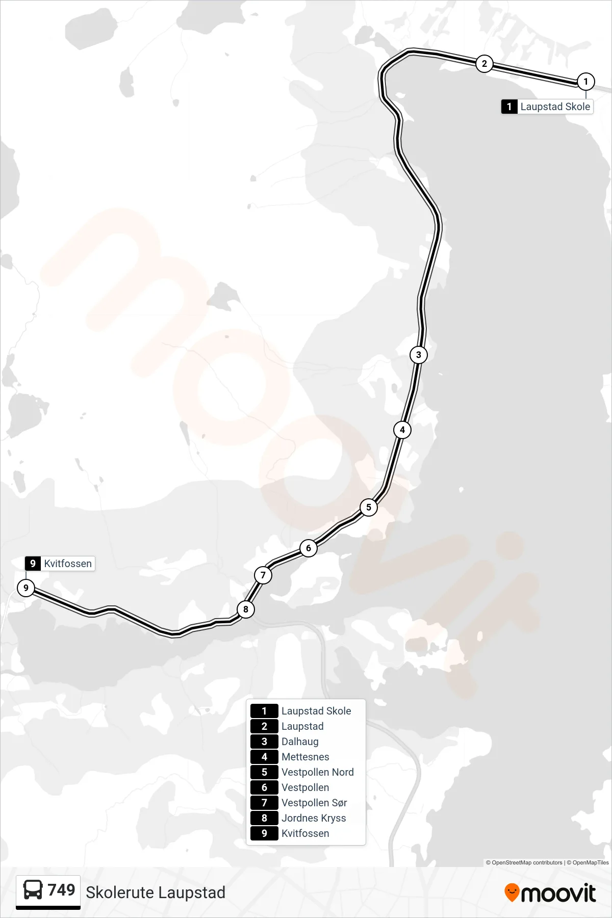 749 bus Line (Kvitfossen) route and stops on a map