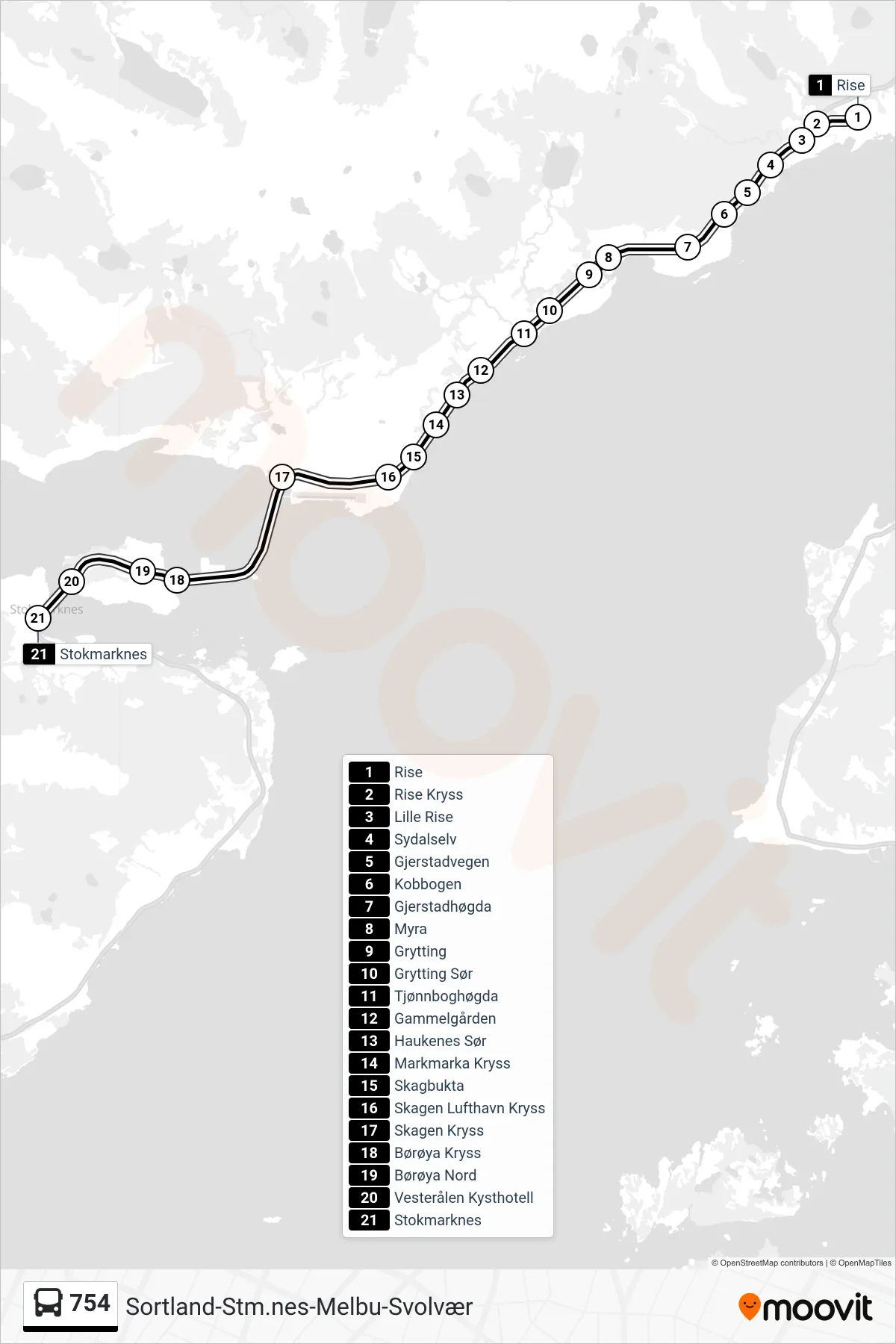 754 bus Line (Stokmarknes) route and stops on a map