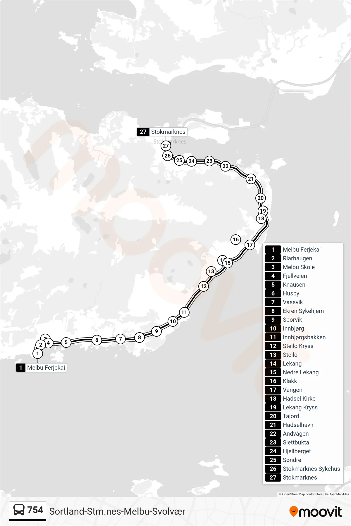 754 bus Line (Stokmarknes) route and stops on a map