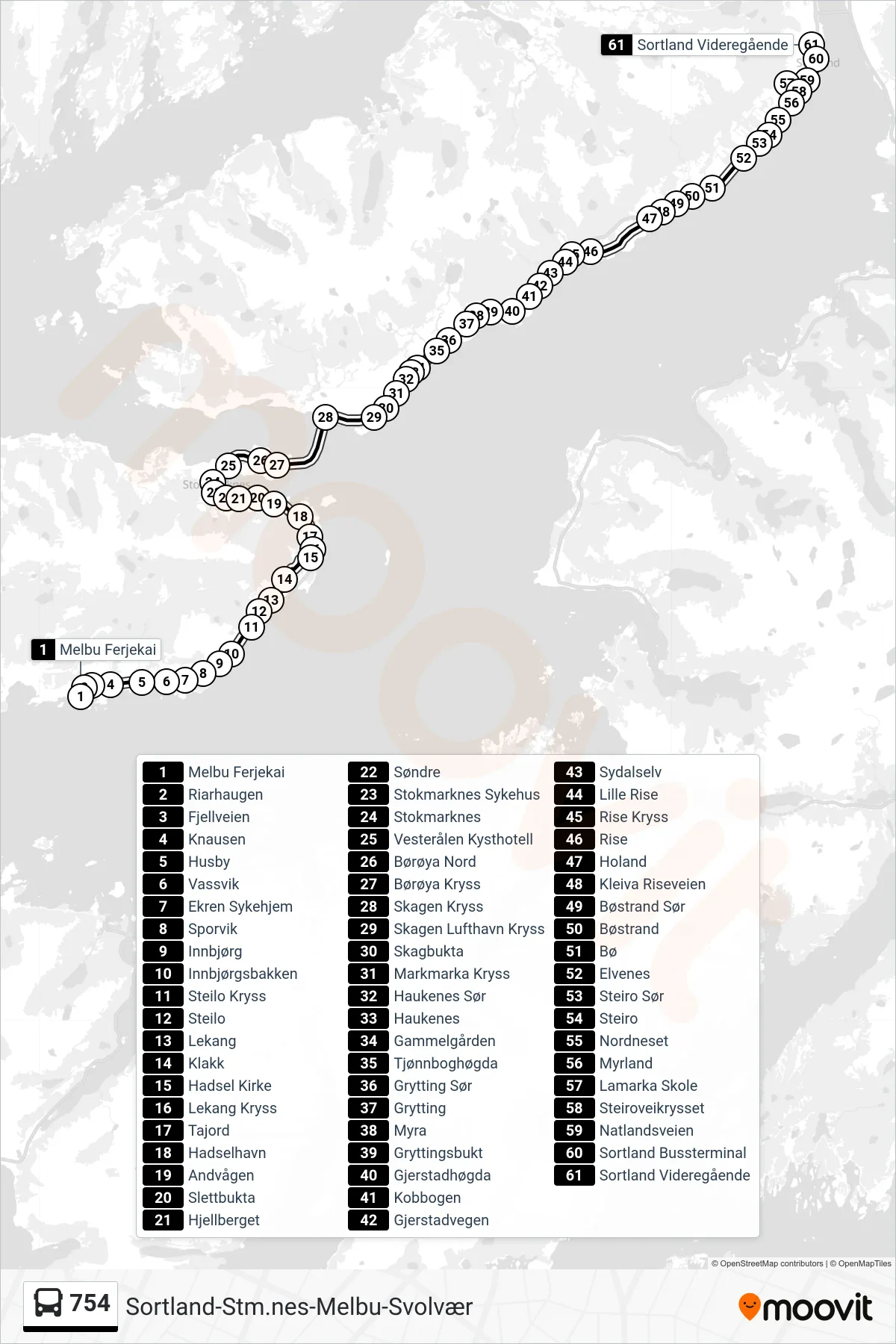 754 bus Line (Sortland Videregående) route and stops on a map
