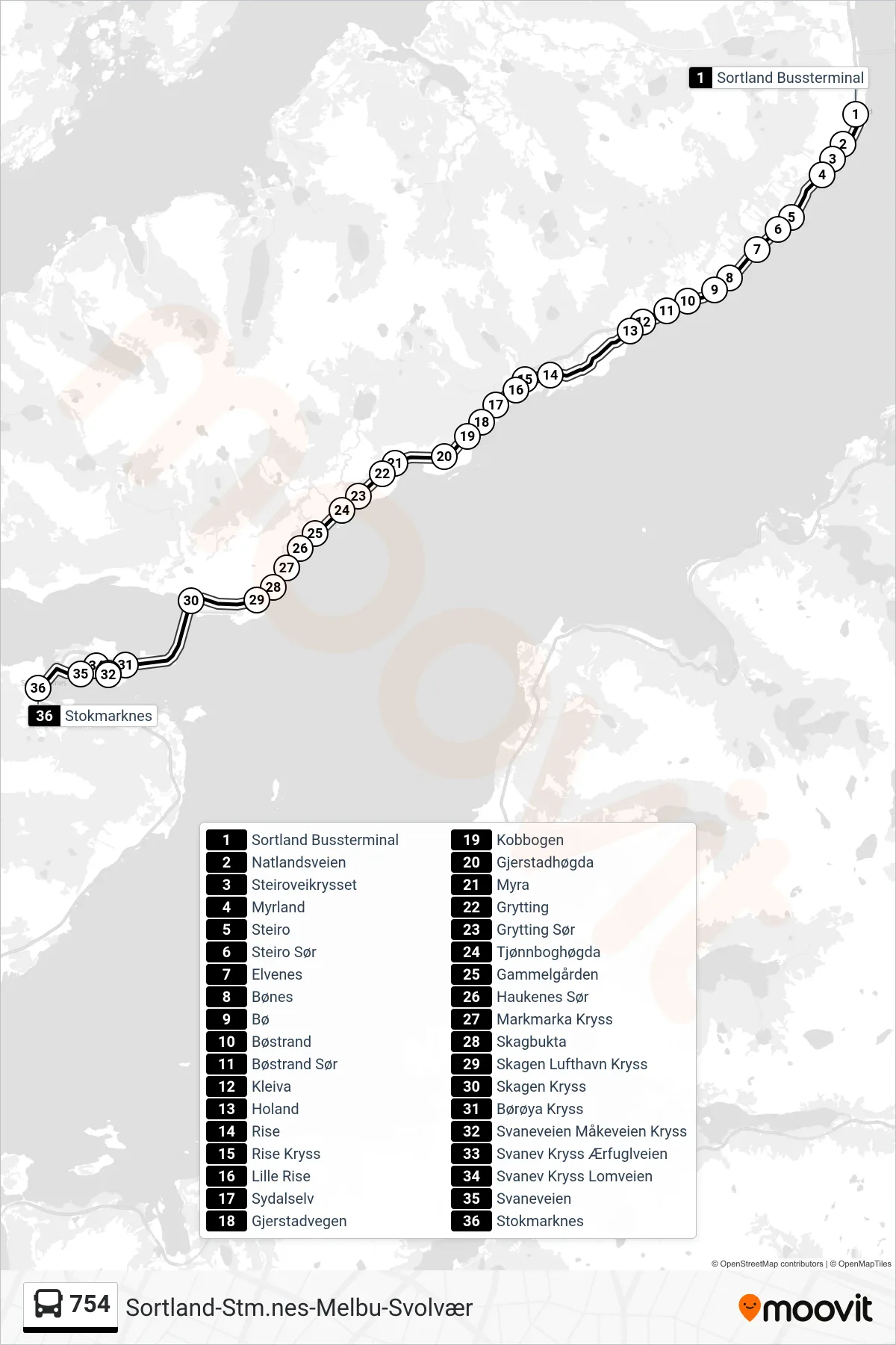 754 bus Line (Melbu Om Børøya) route and stops on a map