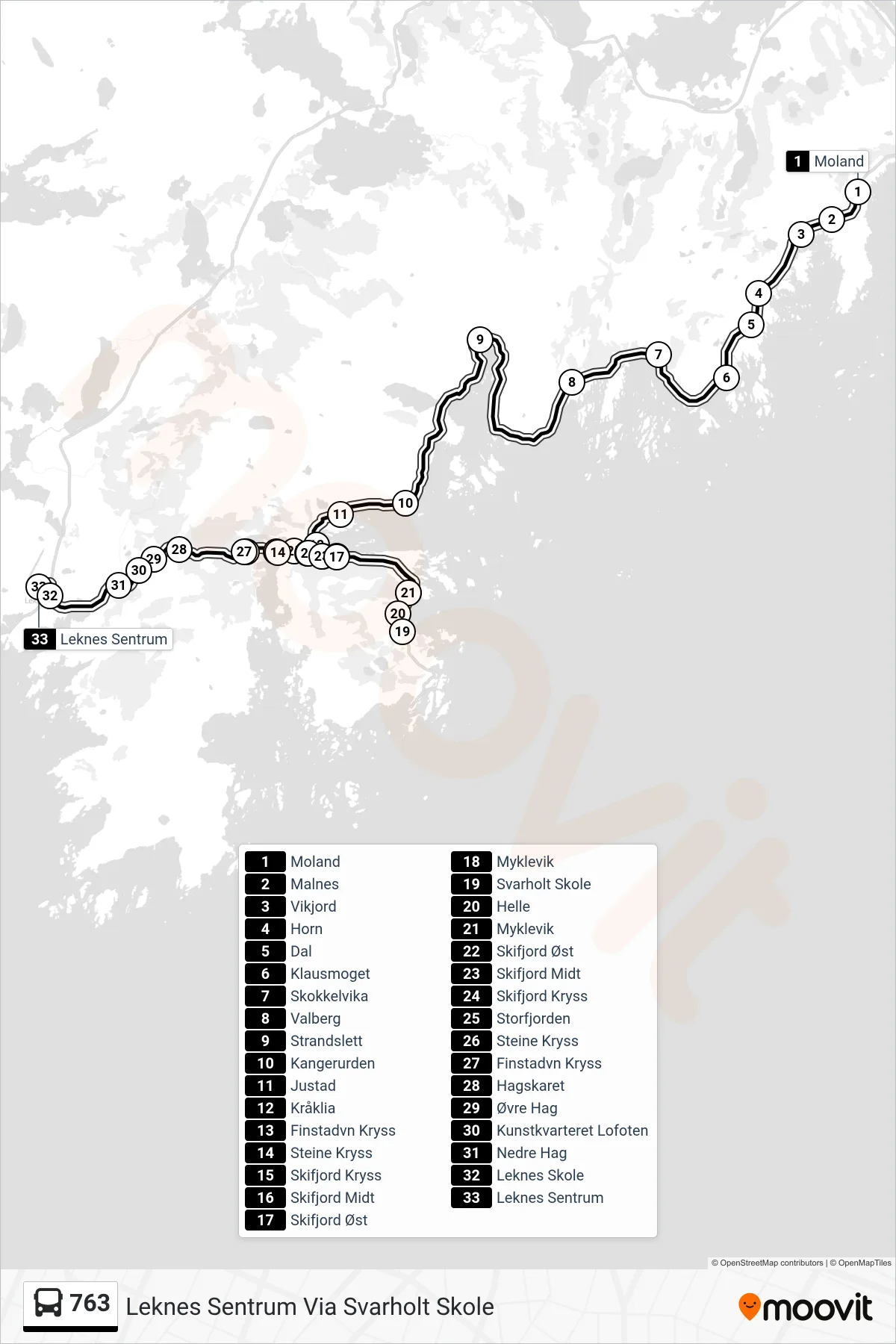 763 bus Line (Leknes Sentrum Via Svarholt Skole) route and stops on a map