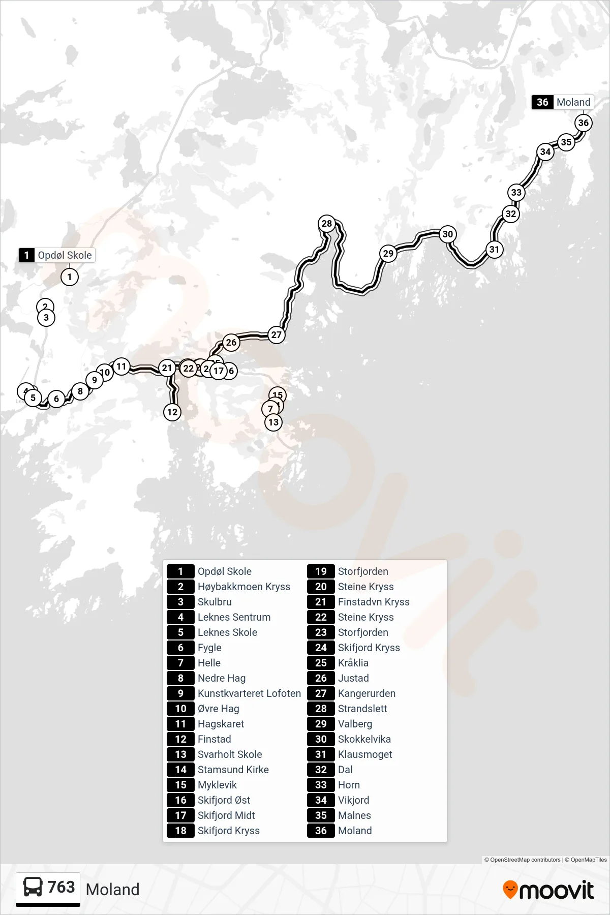 Rute og stopp på kart for linje 763 buss, Moland)