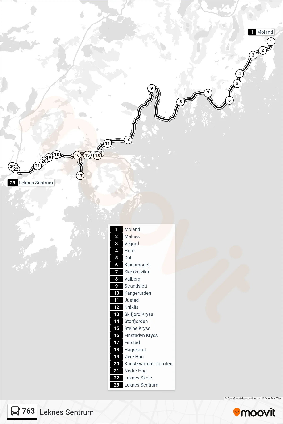 763 bus Line (Leknes Sentrum) route and stops on a map