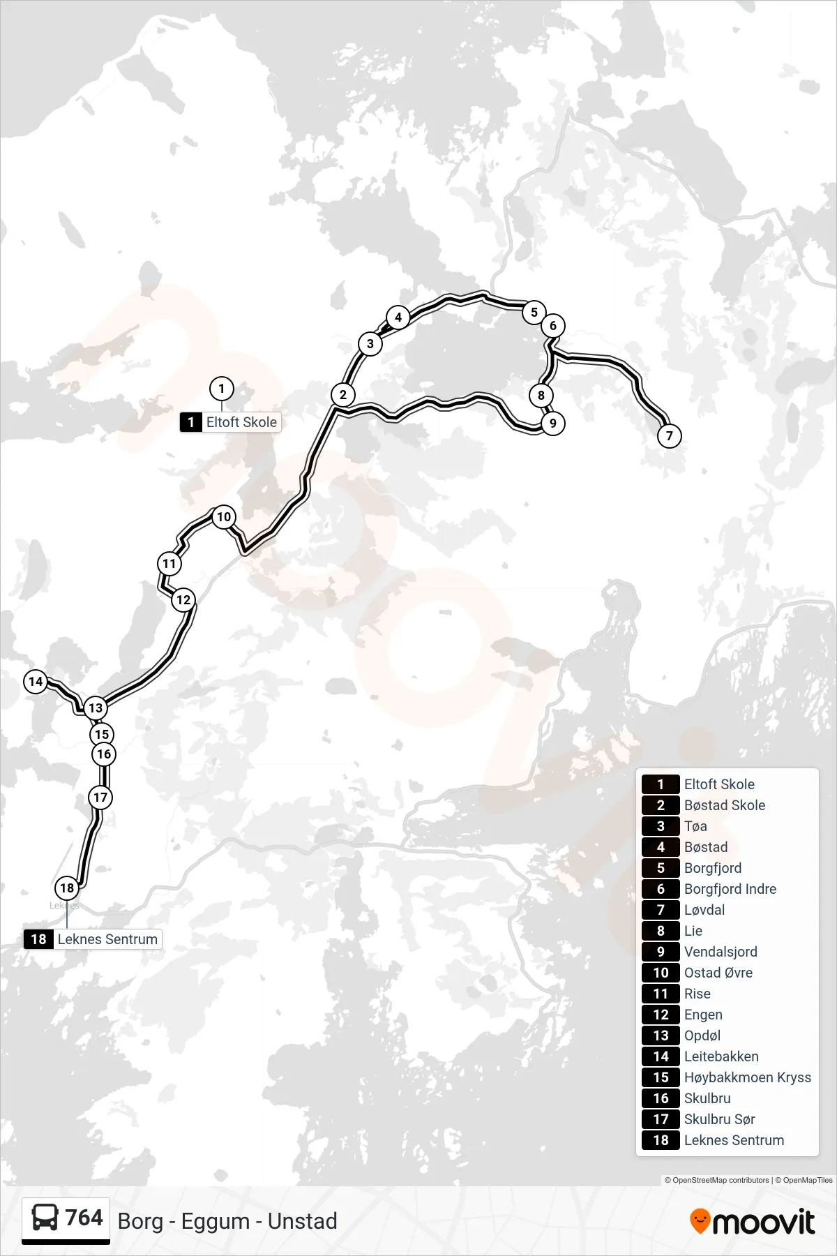 764 bus Line (Leknes Sentrum Via Løvdal, Ostad/Rise, Leitebakken) route and stops on a map
