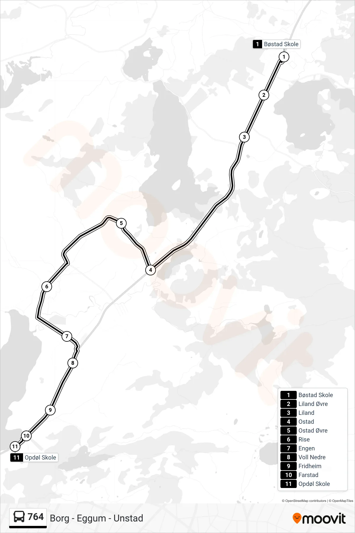 764 bus Line (Opdøl Skole Via Ostad Øvre Og Rise) route and stops on a map