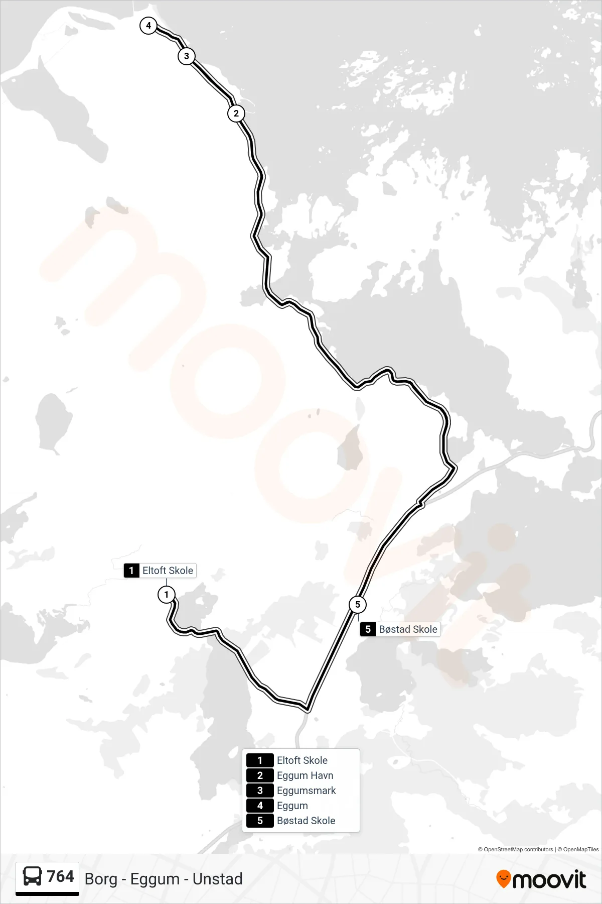 764 bus Line (Eggum) route and stops on a map