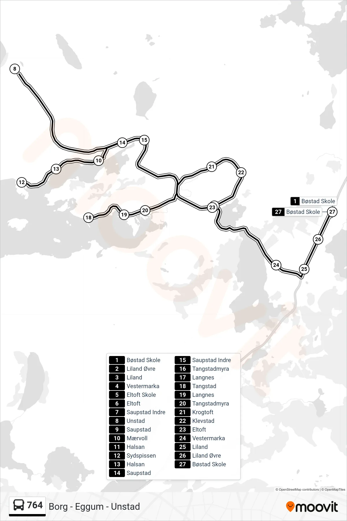 764 bus Line (Bøstad Skole Via Eltoft Skole Og Unstad) route and stops on a map