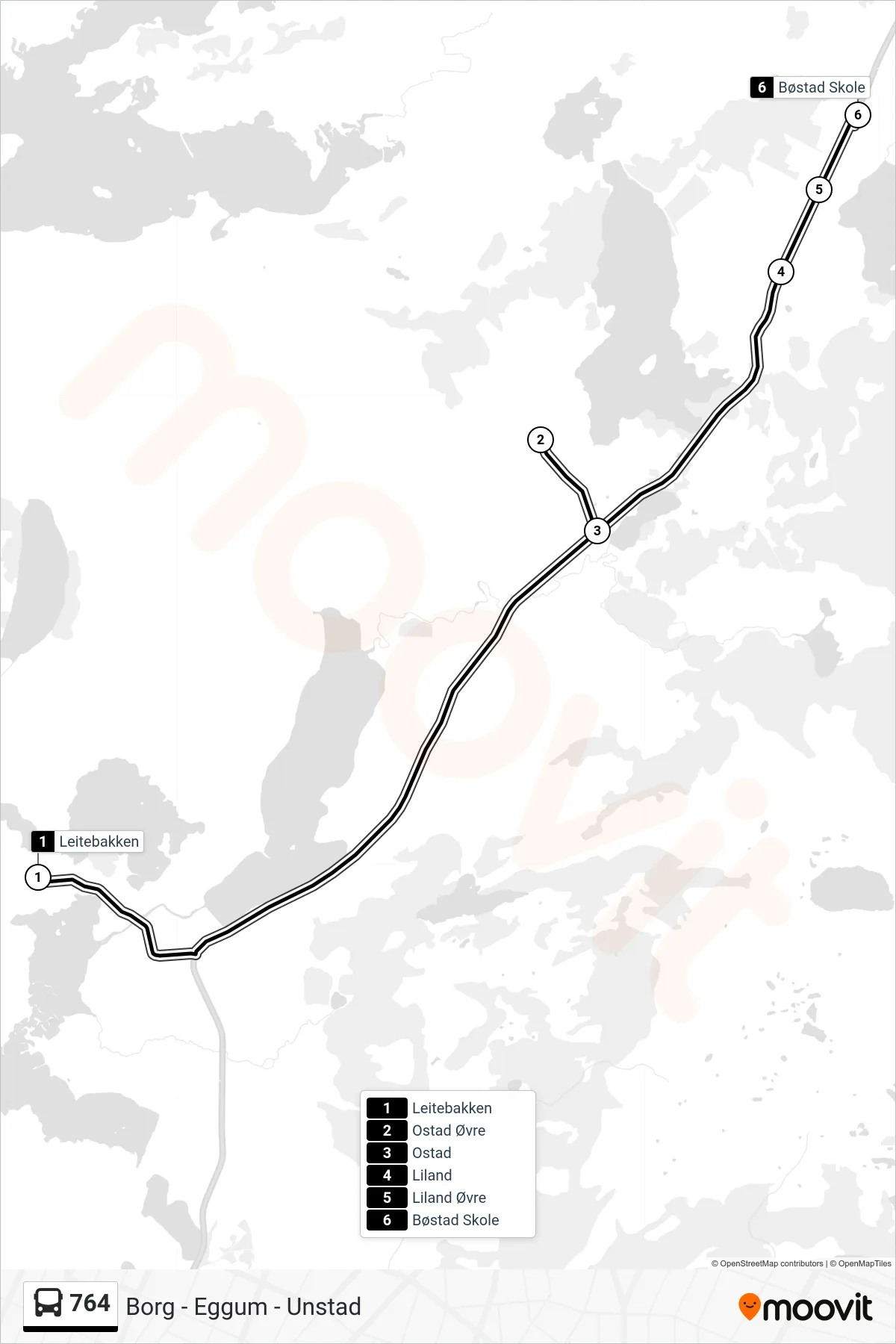 764 bus Line (Borg) route and stops on a map
