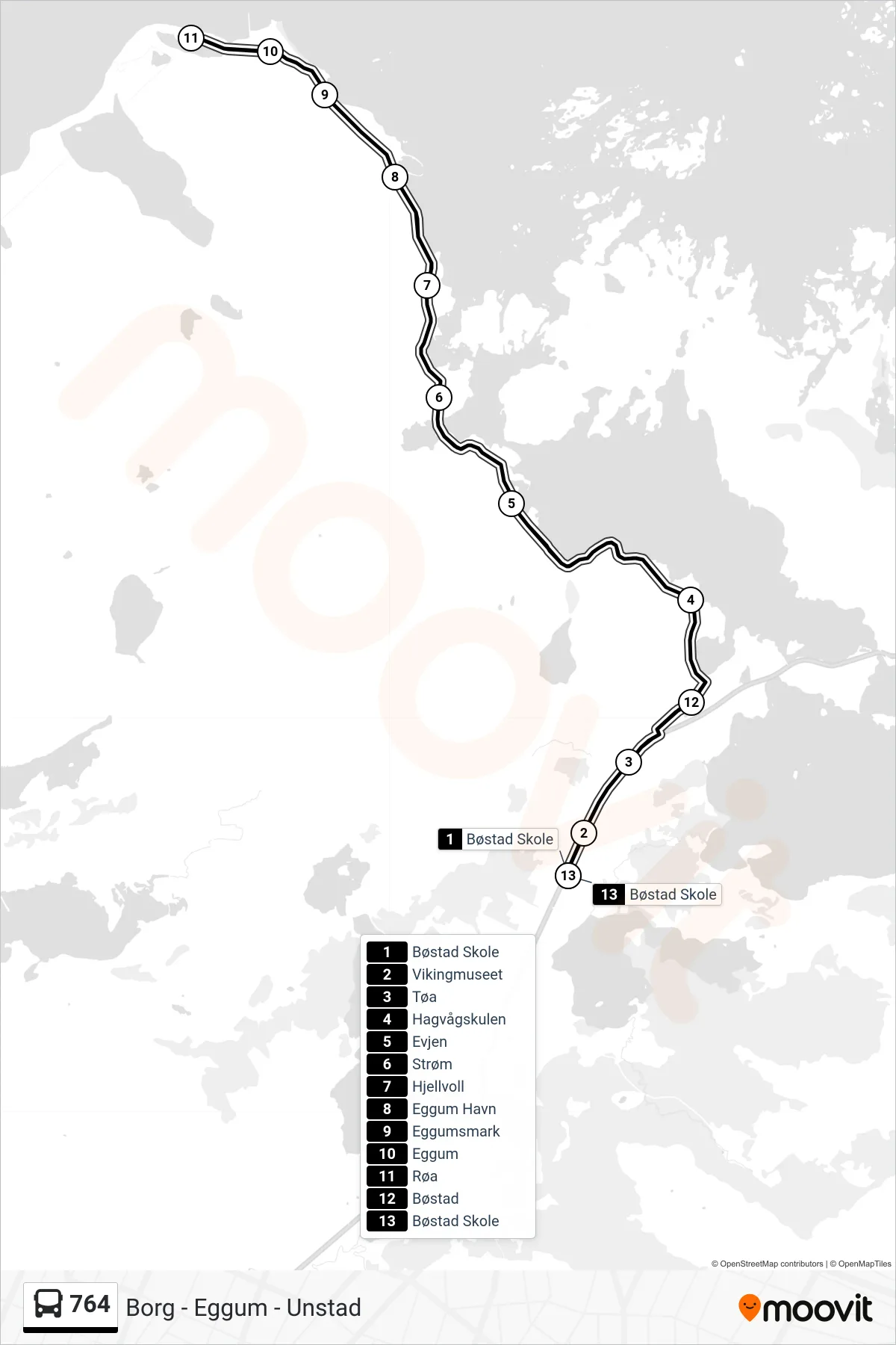 764 bus Line (Bøstad Skole Via Eggum) route and stops on a map