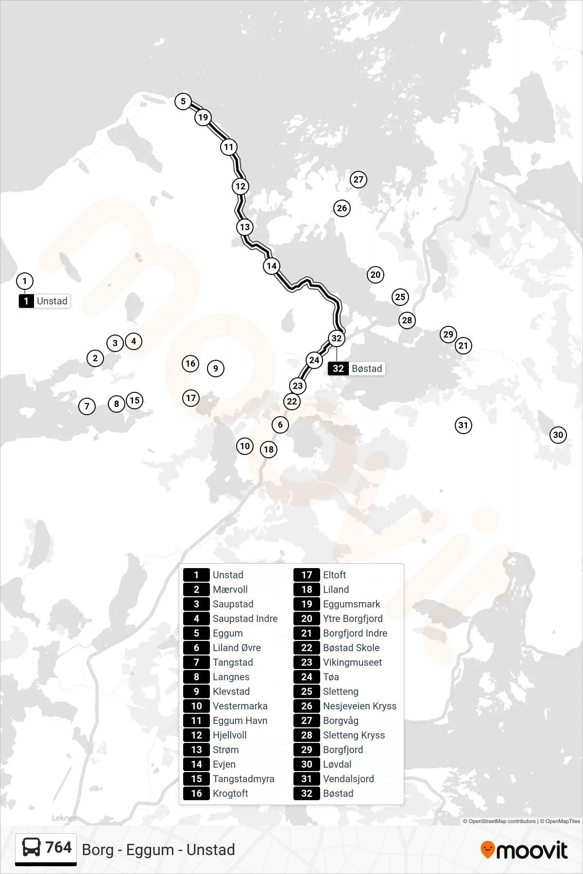 764 bus Line (Bøstad Skole) route and stops on a map