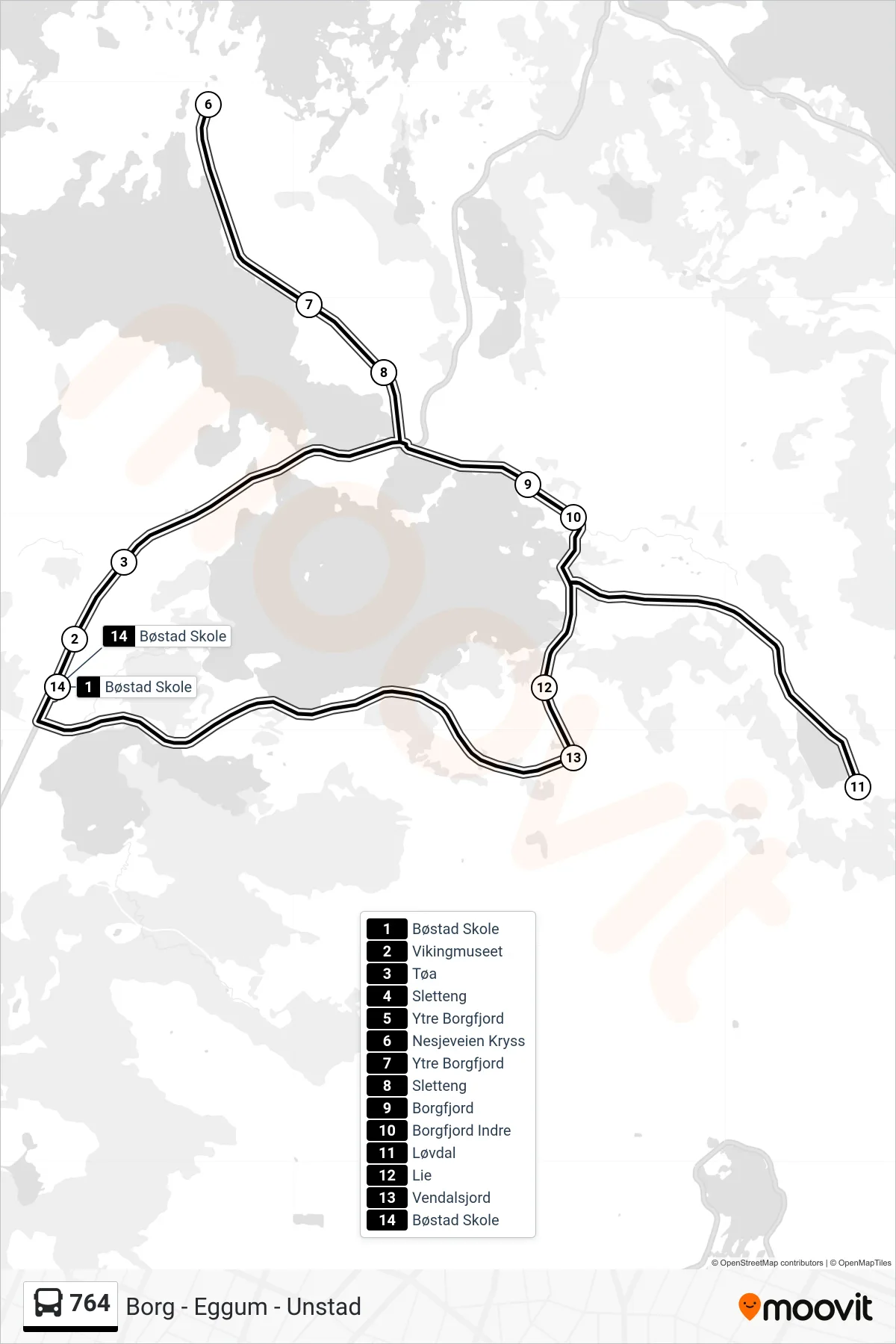 Rute og stopp på kart for linje 764 buss, Bøstad Skole)