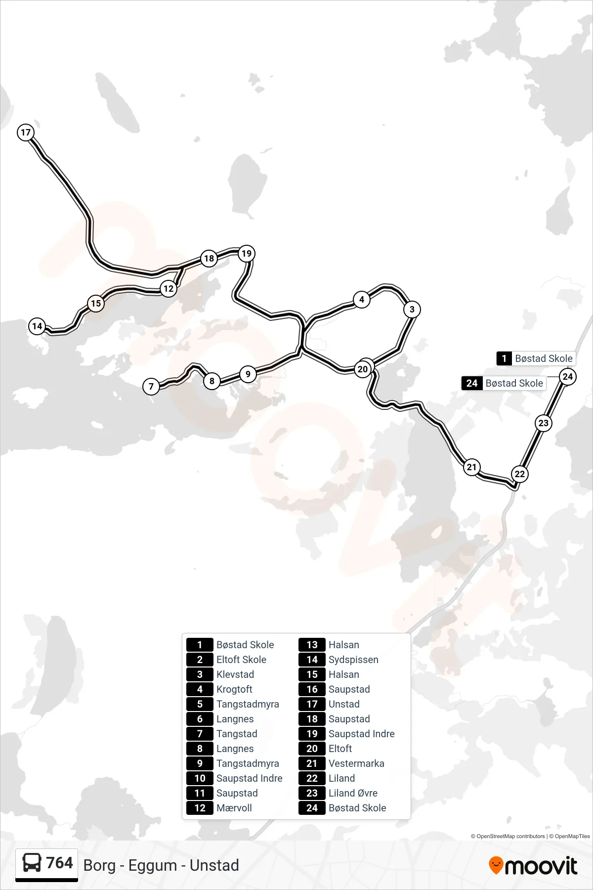 764 bus Line (Bøstad Skole Via Unstad) route and stops on a map