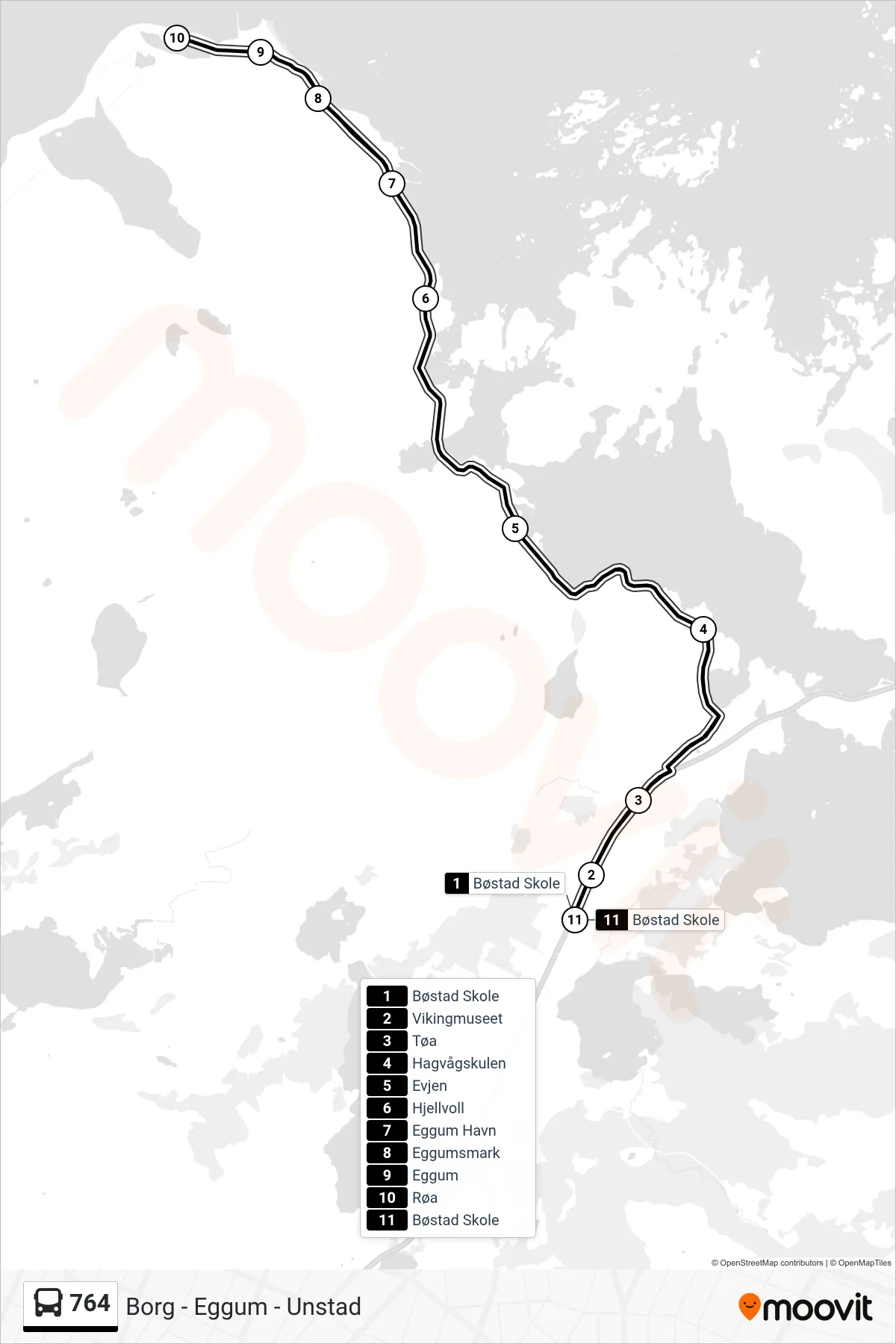 764 bus Line (Bøstad Skole Via Eggum) route and stops on a map