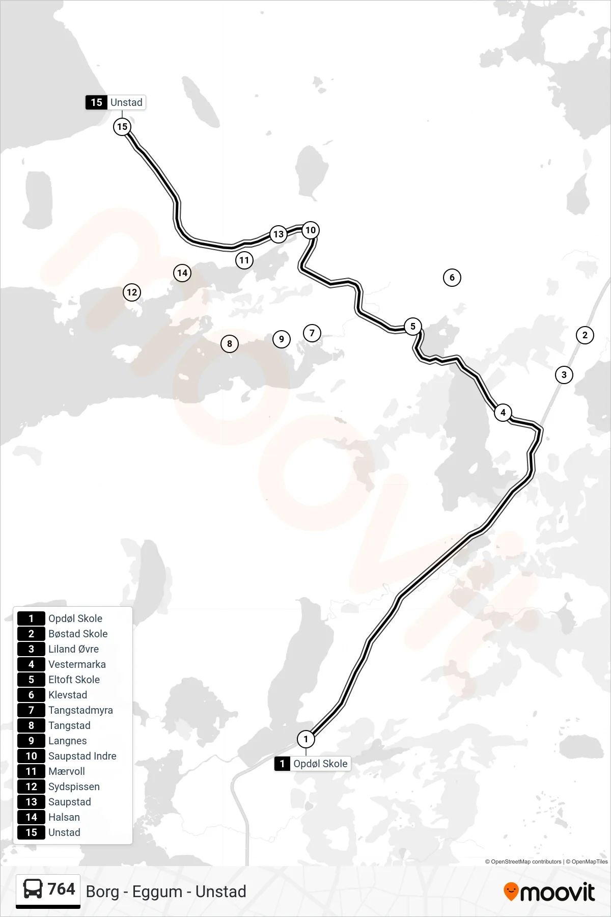764 bus Line (Unstad) route and stops on a map