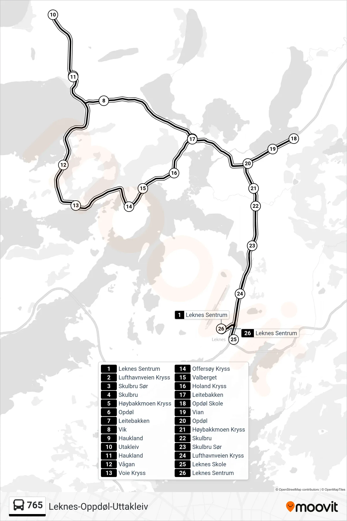 Rute og stopp på kart for linje 765 buss, Leknes- Utakleiv- Leknes)