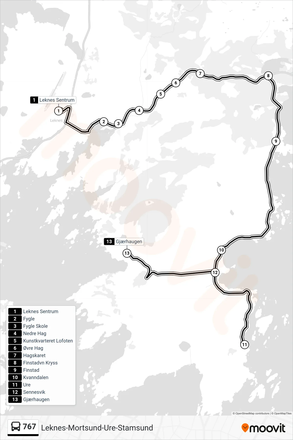 767 bus Line (Gjærhaugen Via Finnstad/Sennesvik/Ure) route and stops on a map