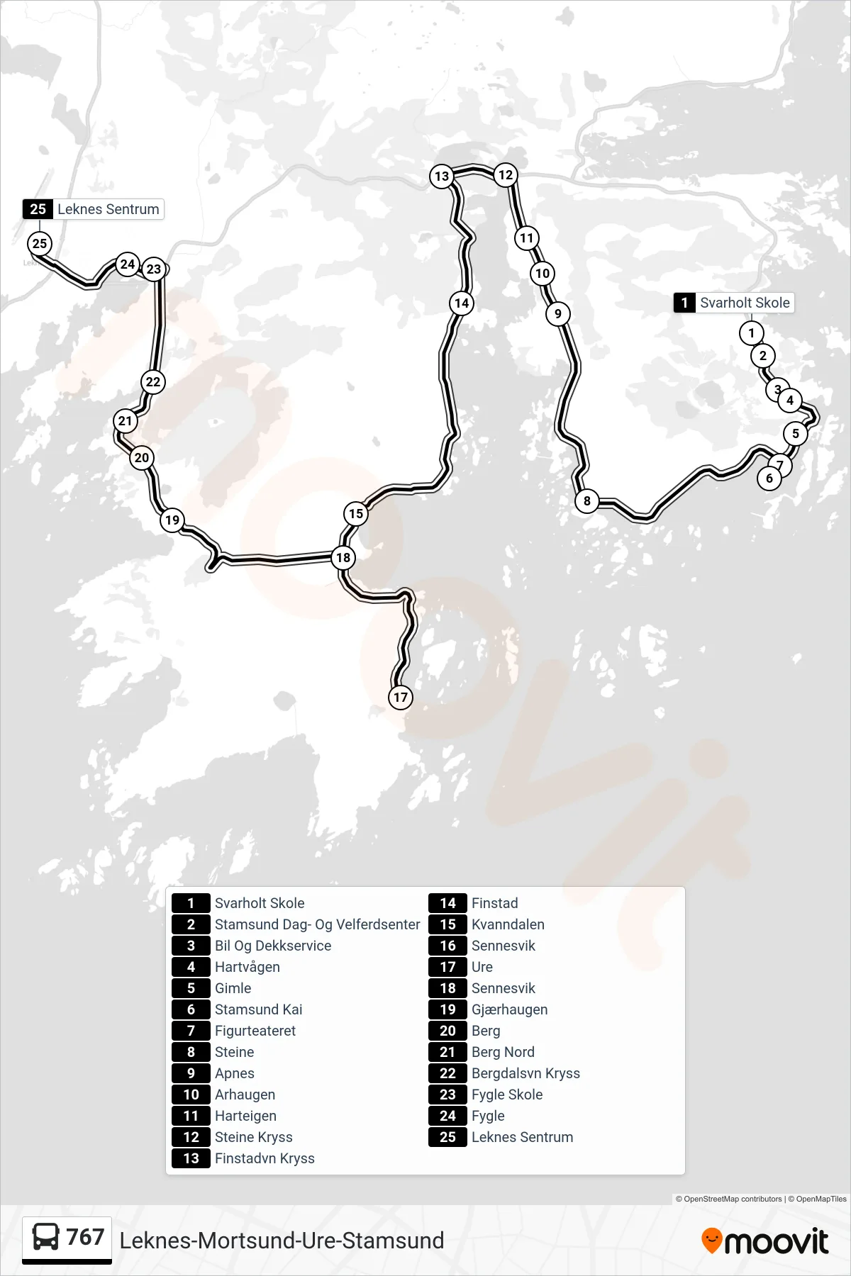 767 bus Line (Leknes Sentrum Via Ure/Sennesvik) route and stops on a map