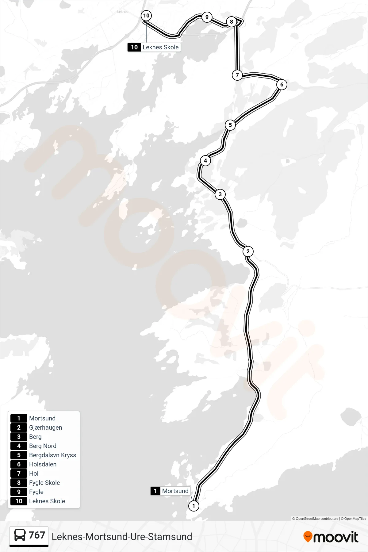 767 bus Line (Leknes Skole Via Holsdalen) route and stops on a map