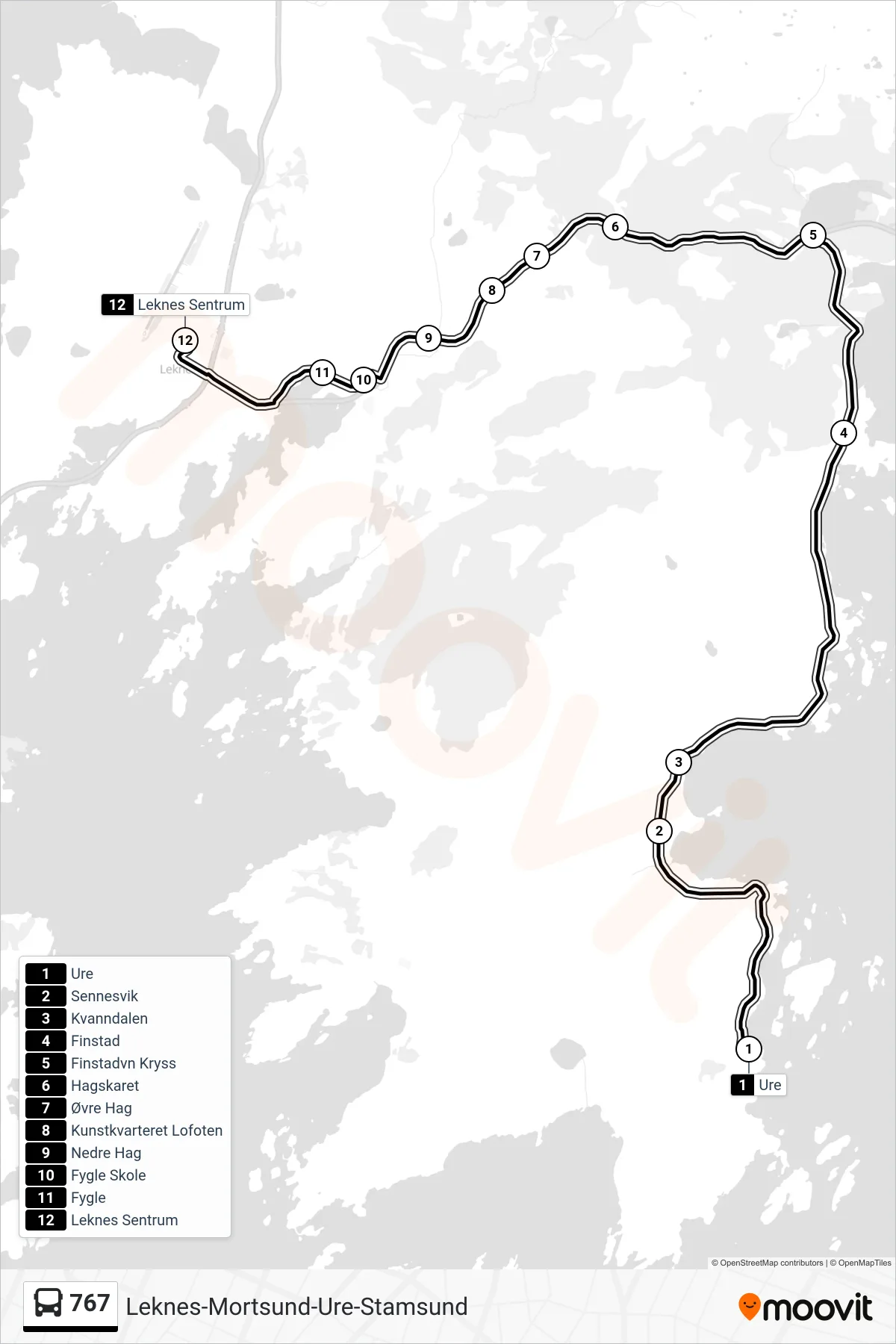 Rute og stopp på kart for linje 767 buss, Leknes Sentrum Via Finstad)