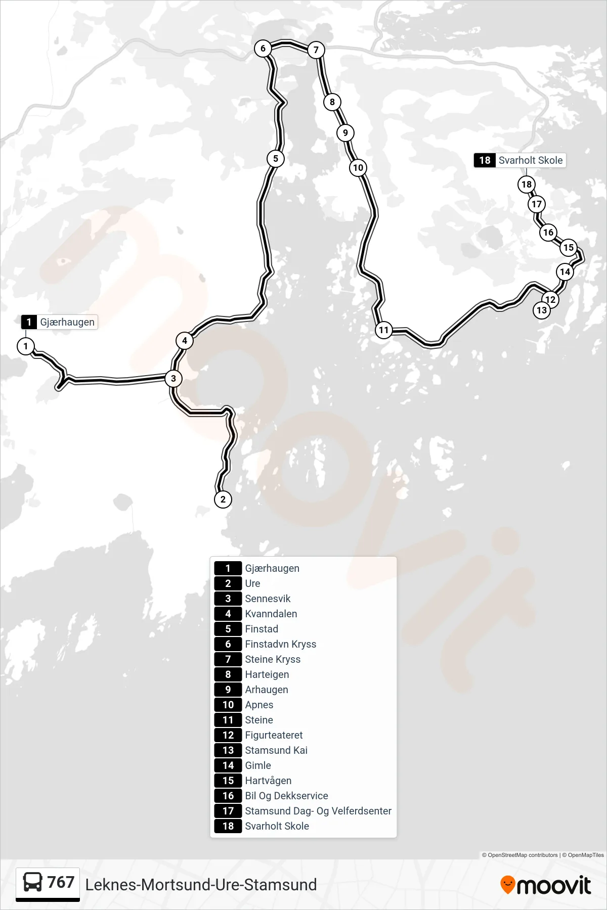 767 bus Line (Svarholt Skole Via Ure/Sennesvik) route and stops on a map