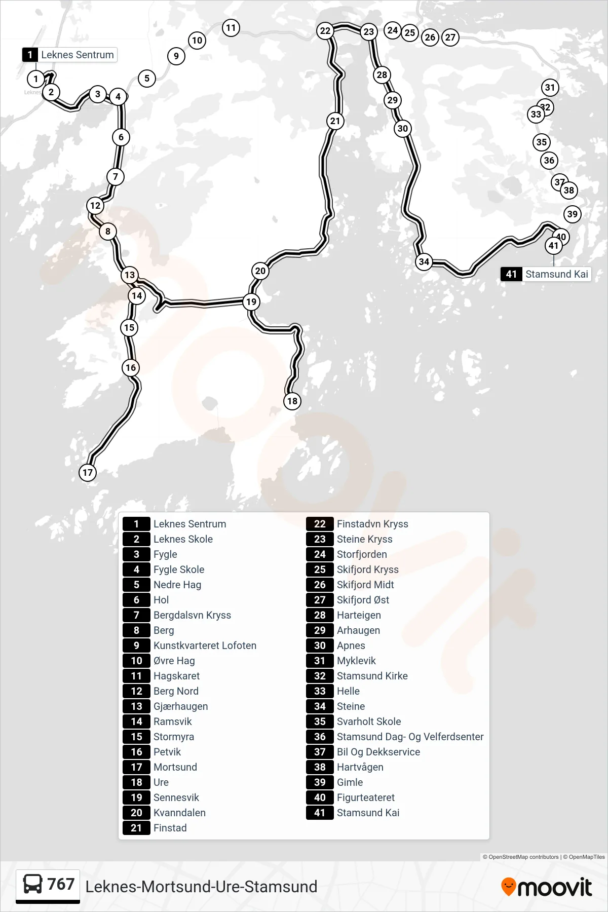 767 bus Line (Stamsund Kai) route and stops on a map