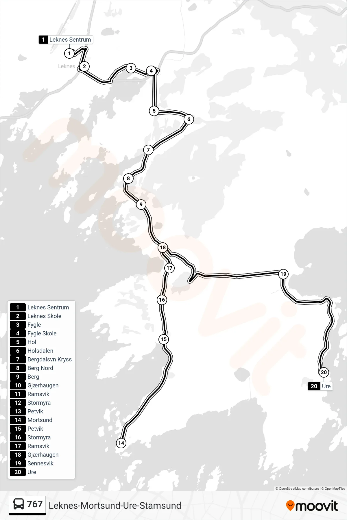 767 bus Line (Ure) route and stops on a map