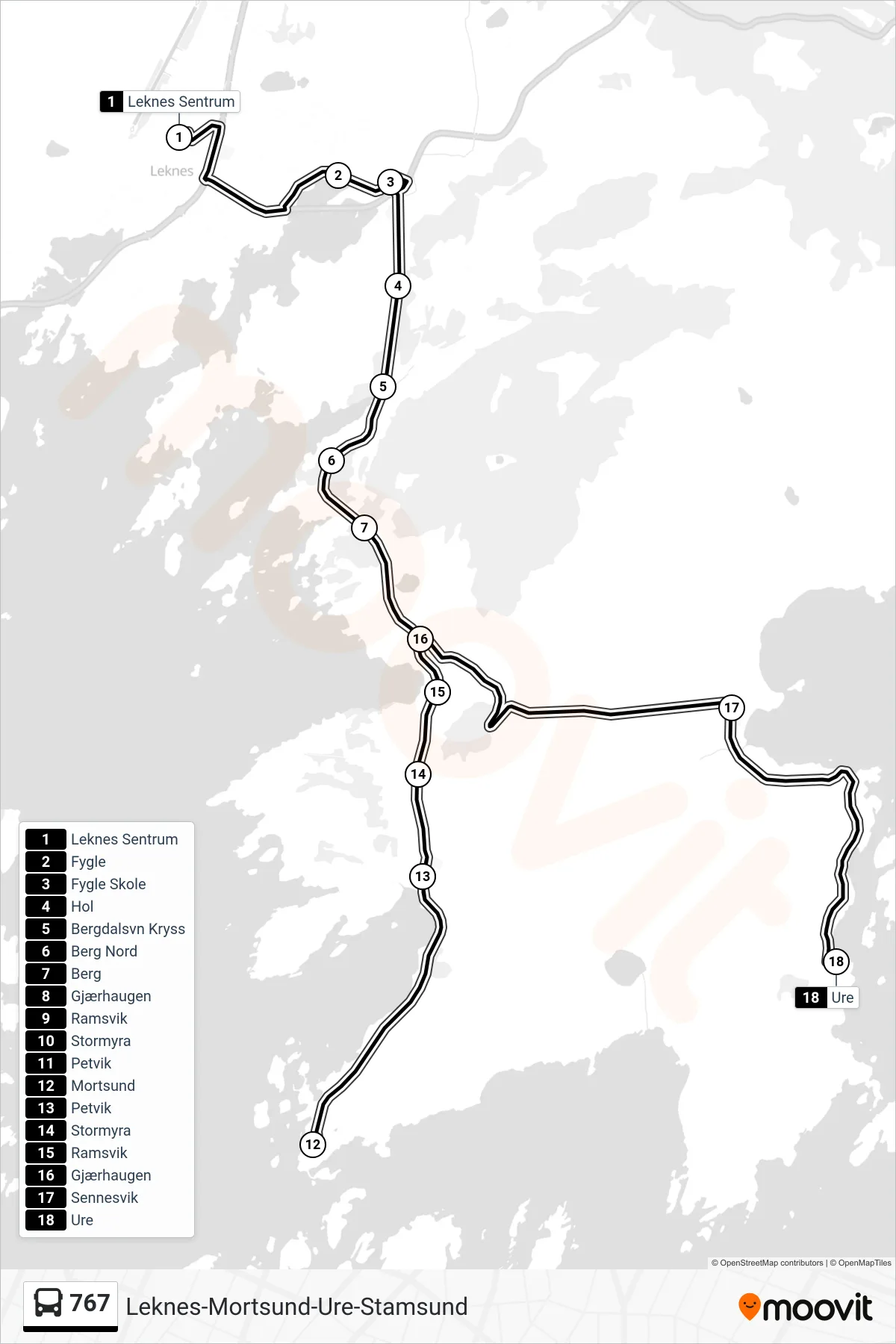 767 bus Line (Ure Via Mortsund) route and stops on a map