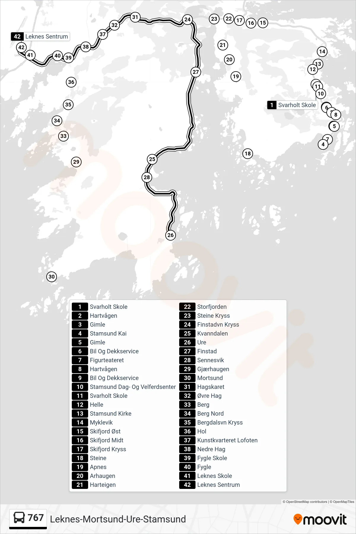 767 bus Line (Leknes Sentrum) route and stops on a map