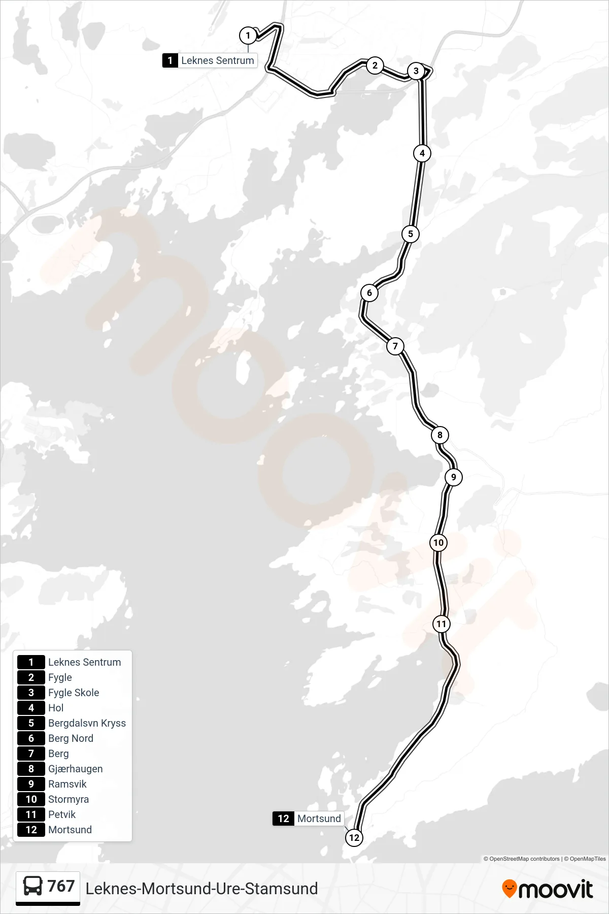767 bus Line (Mortsund) route and stops on a map
