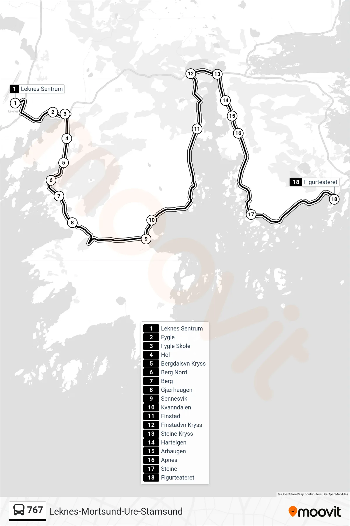 767 bus Line (Stamsund) route and stops on a map