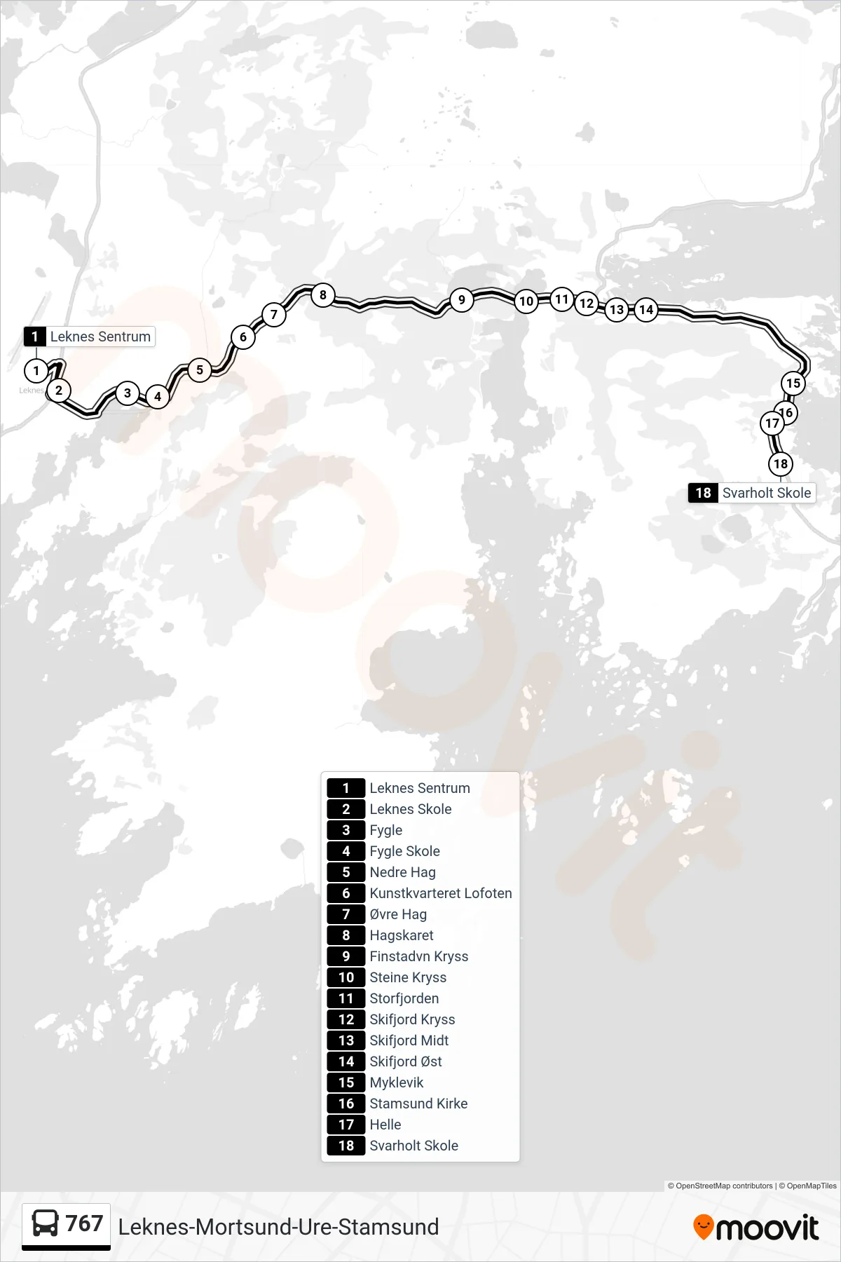 767 bus Line (Svarholt Skole) route and stops on a map