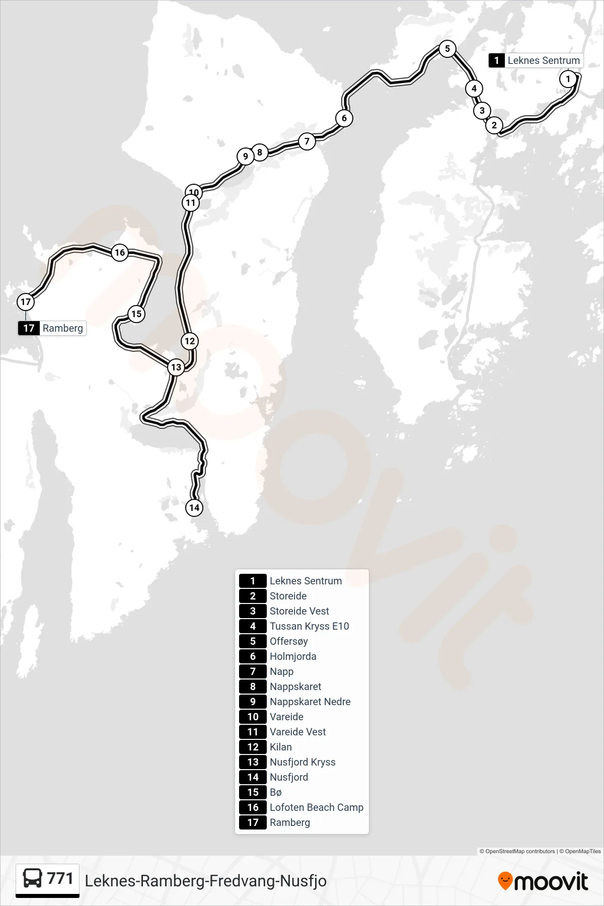 771 bus Line (Nusfjord - Ramberg) route and stops on a map