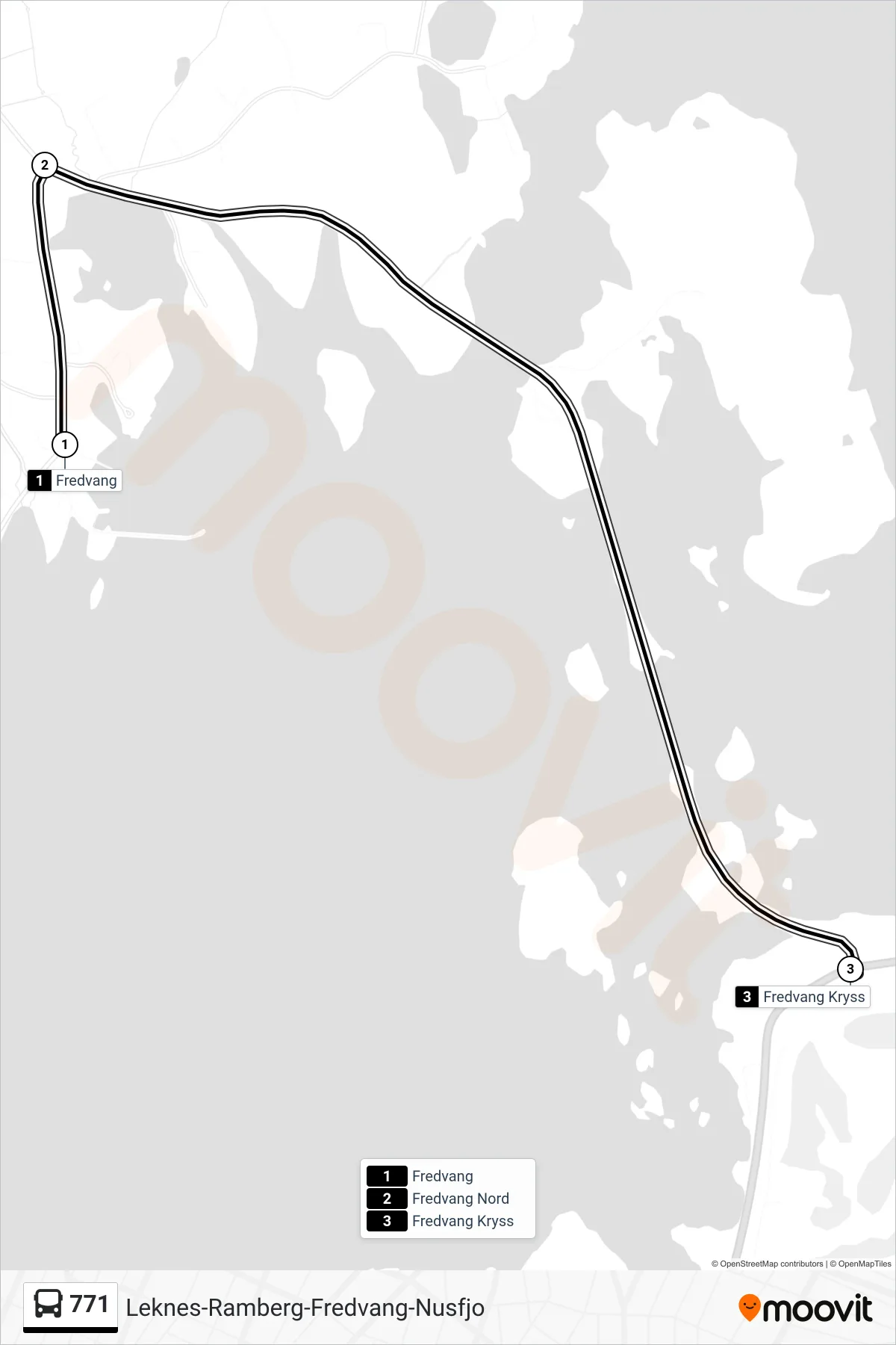 Rute og stopp på kart for linje 771 buss, Fredvang Kryss)