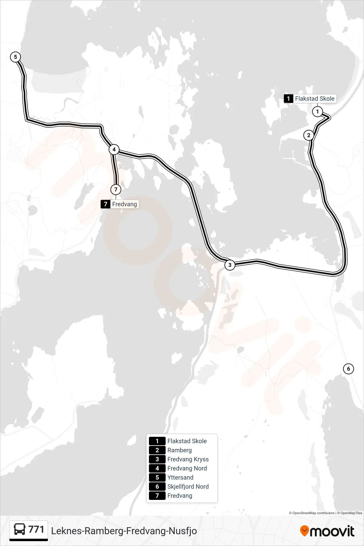 771 bus Line (Fredvang) route and stops on a map