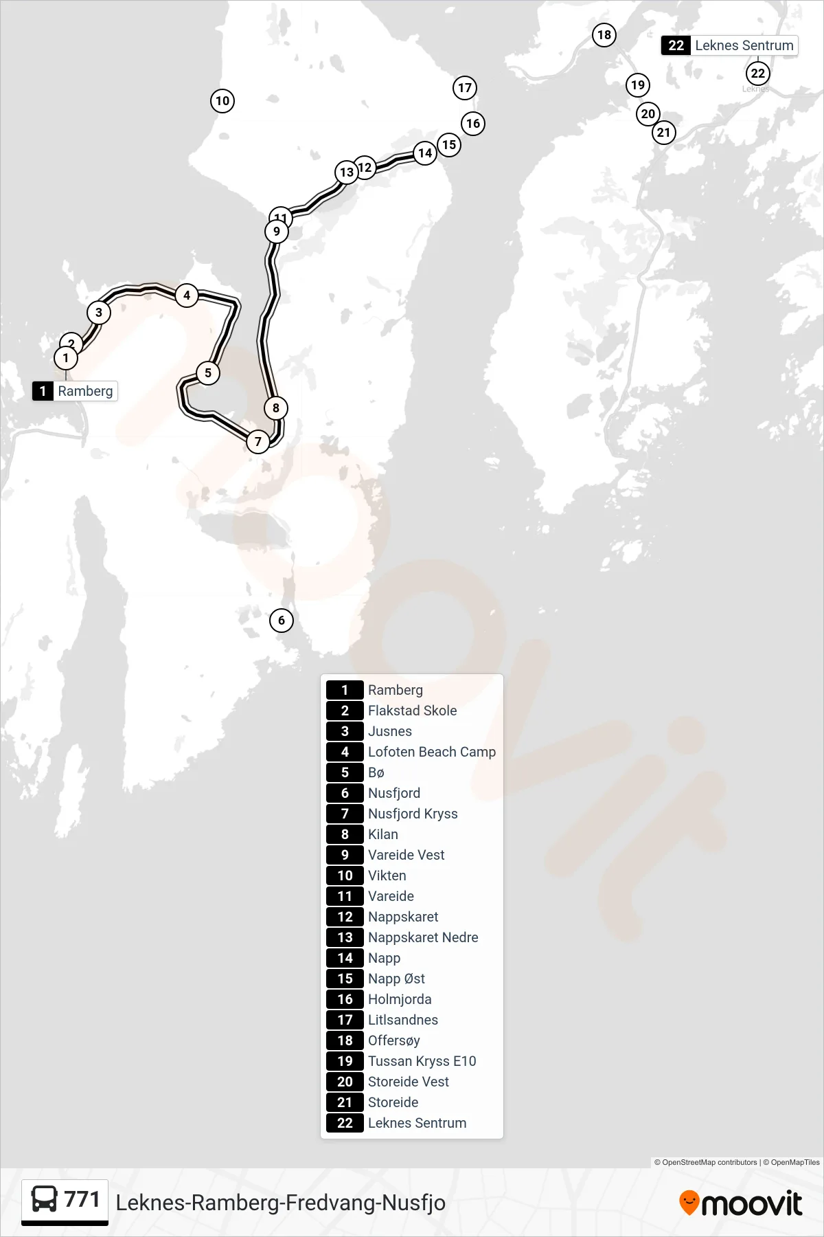 771 bus Line (Leknes Sentrum) route and stops on a map