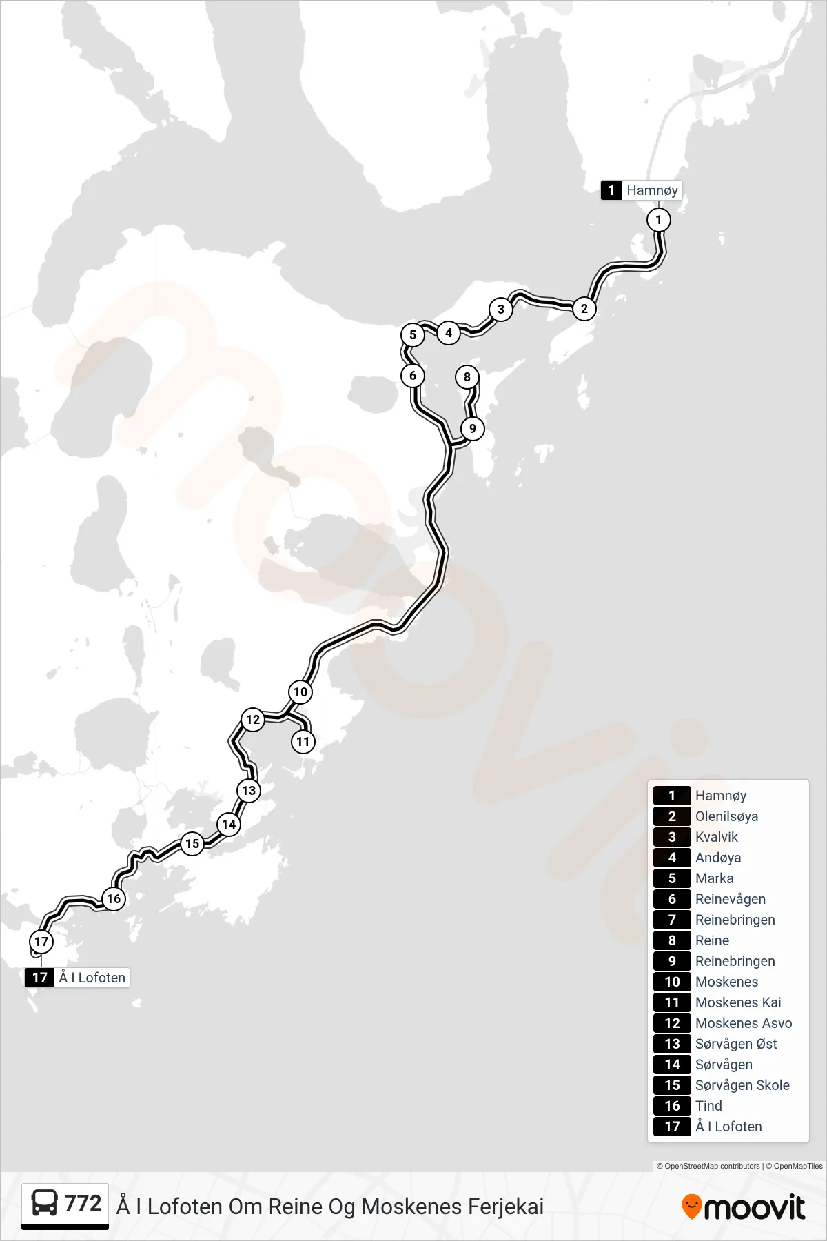 772 bus Line (Å I Lofoten Om Reine Og Moskenes Ferjekai) route and stops on a map