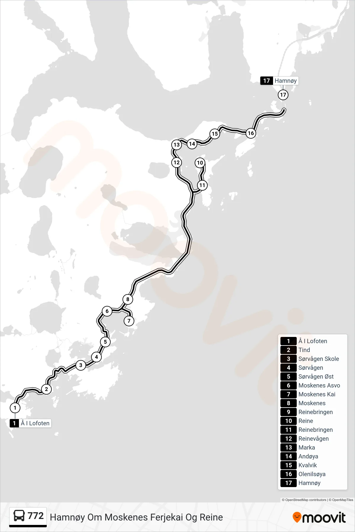 772 bus Line (Hamnøy Om Moskenes Ferjekai Og Reine) route and stops on a map