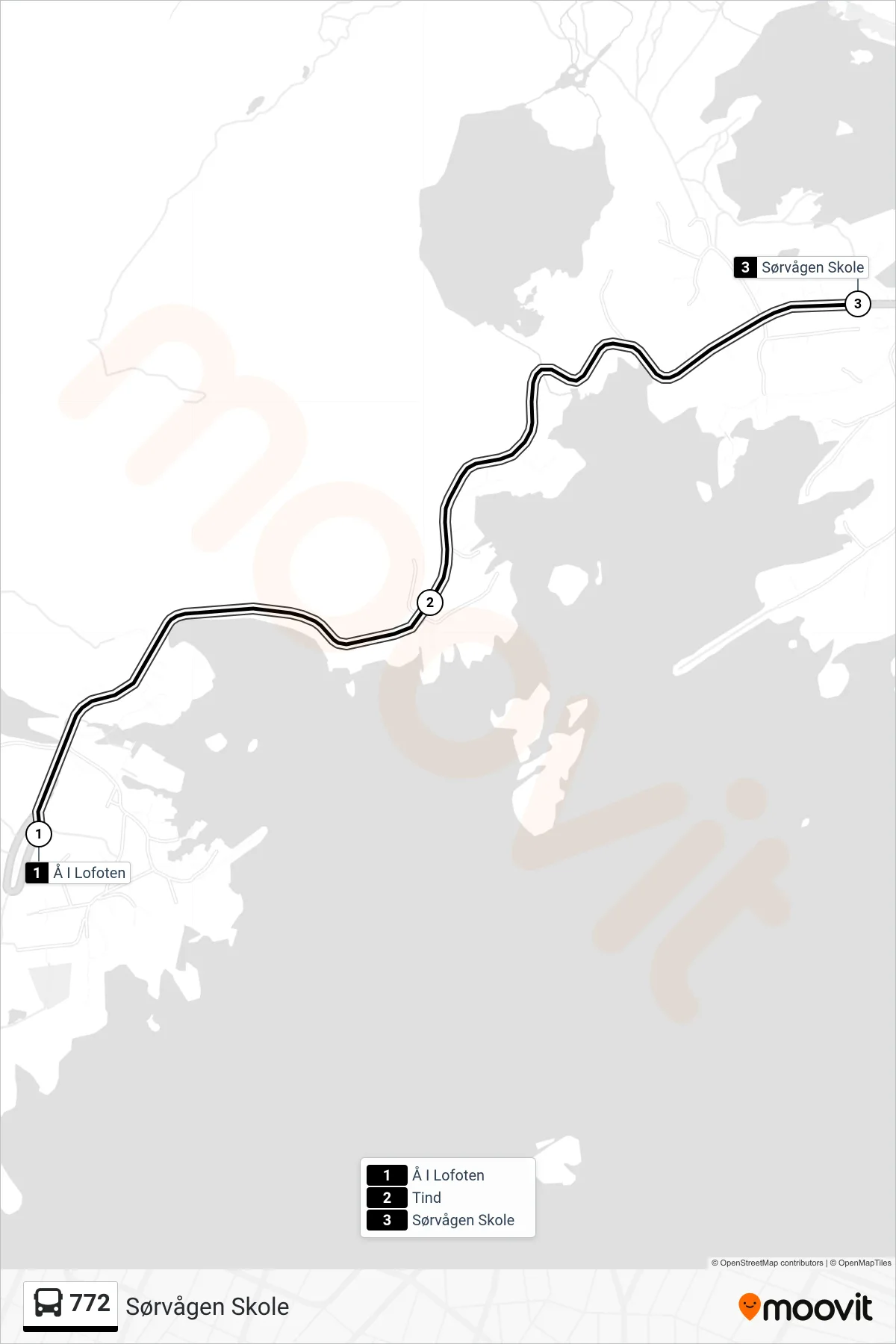 Rute og stopp på kart for linje 772 buss, Sørvågen Skole)