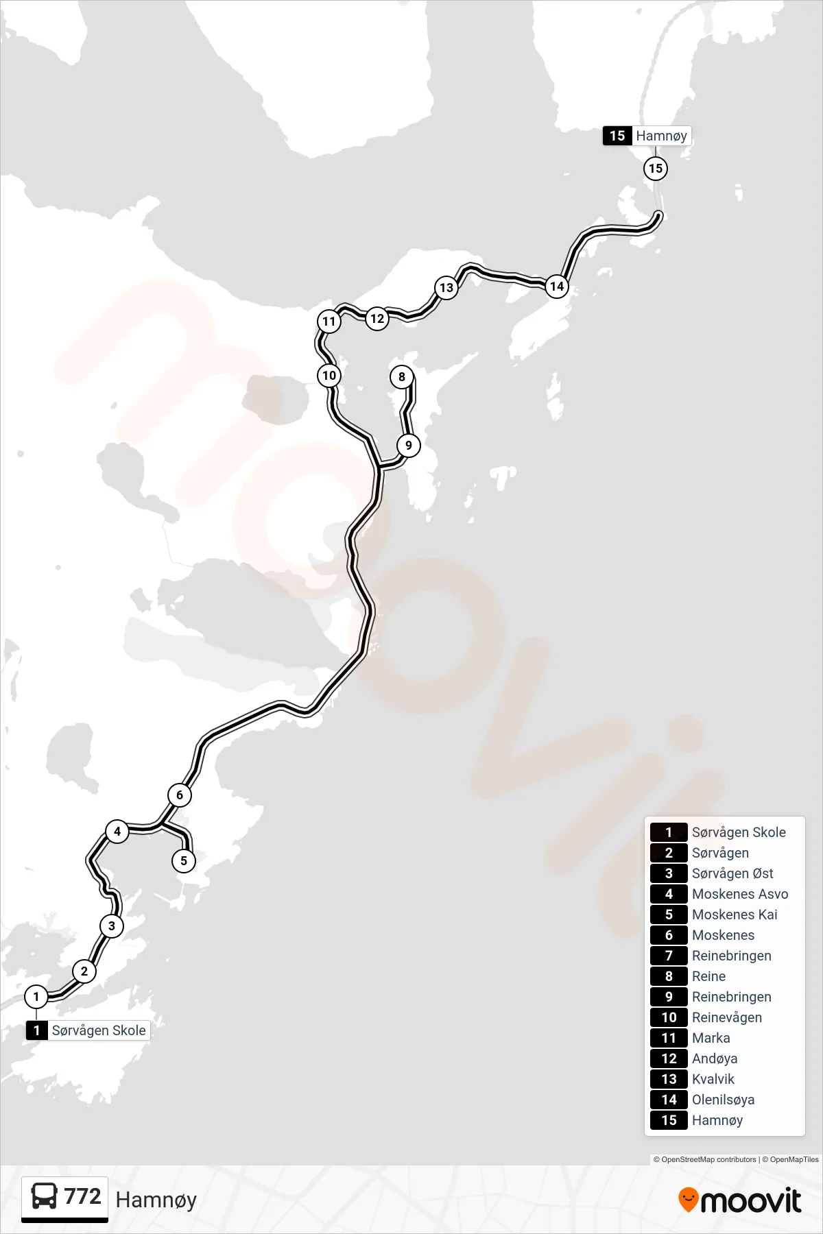 772 bus Line (Hamnøy) route and stops on a map