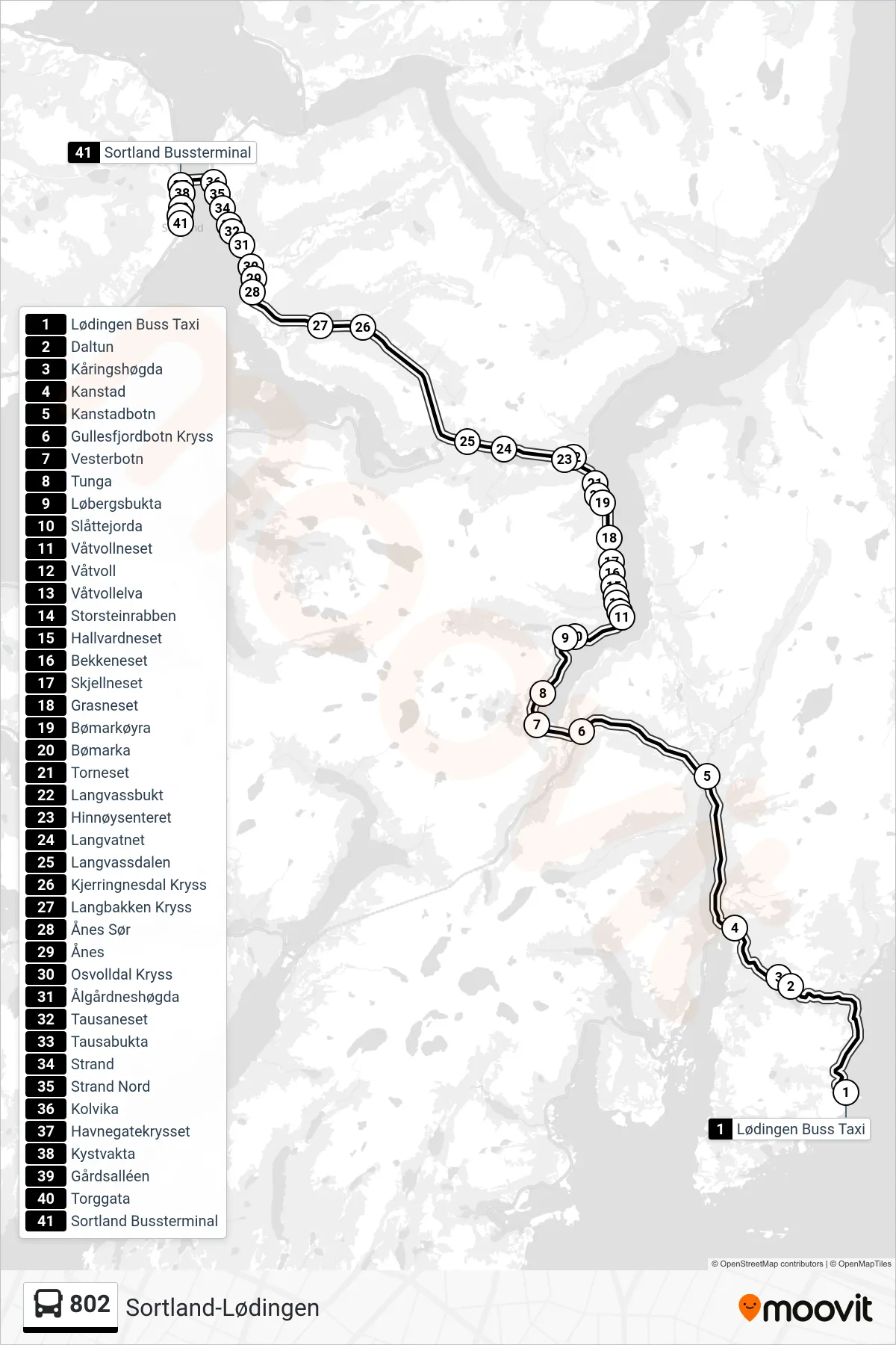802 bus Line (Sortland Bussterminal) route and stops on a map