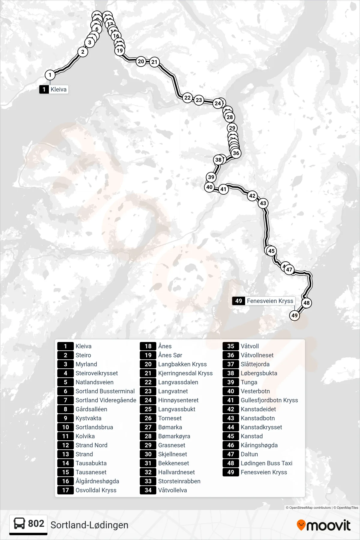 802 bus Line (Lødingen) route and stops on a map