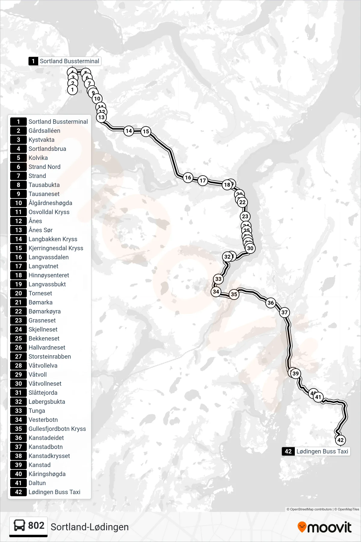 802 bus Line (Lødingen Buss Taxi) route and stops on a map