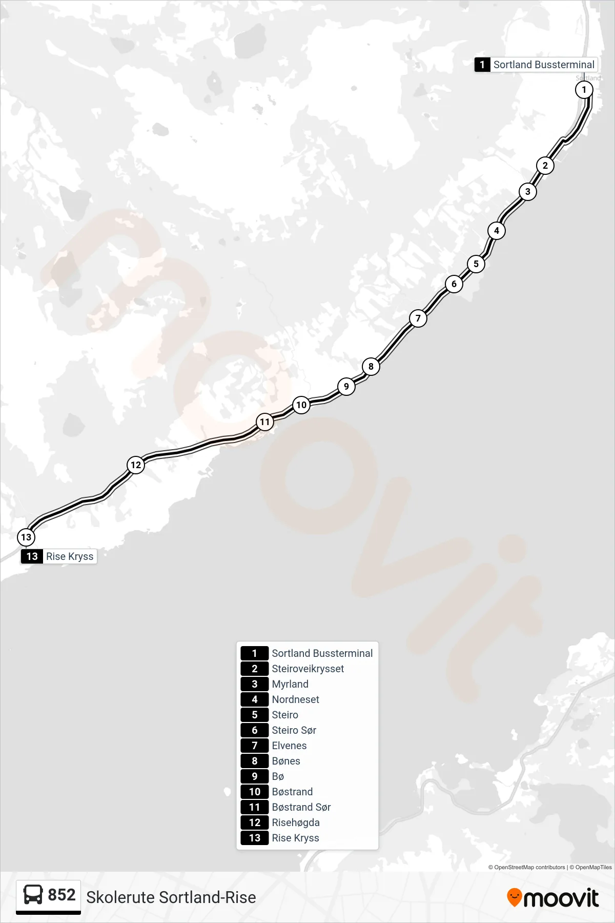 852 bus Line (Sortland Skole / Via Rise) route and stops on a map