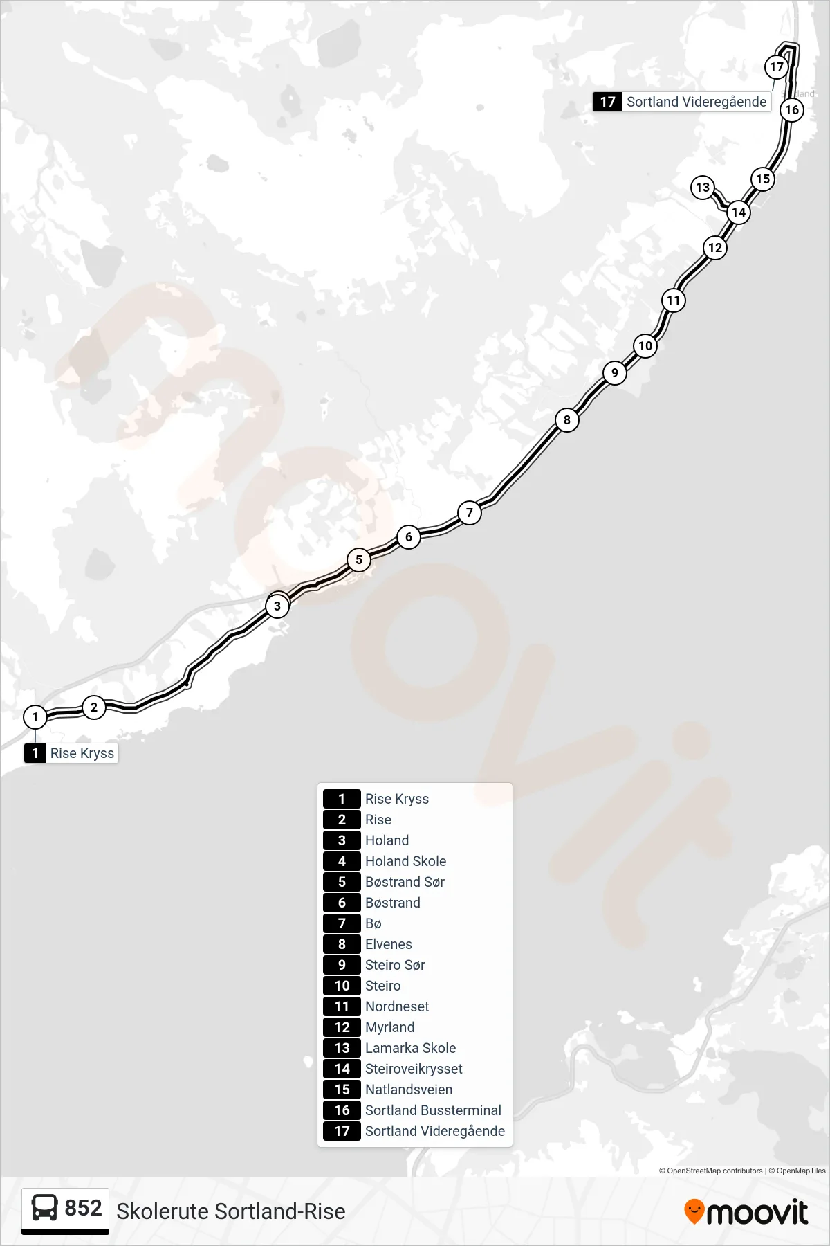 Rute og stopp på kart for linje 852 buss, Sortland Skole / Via Rise)