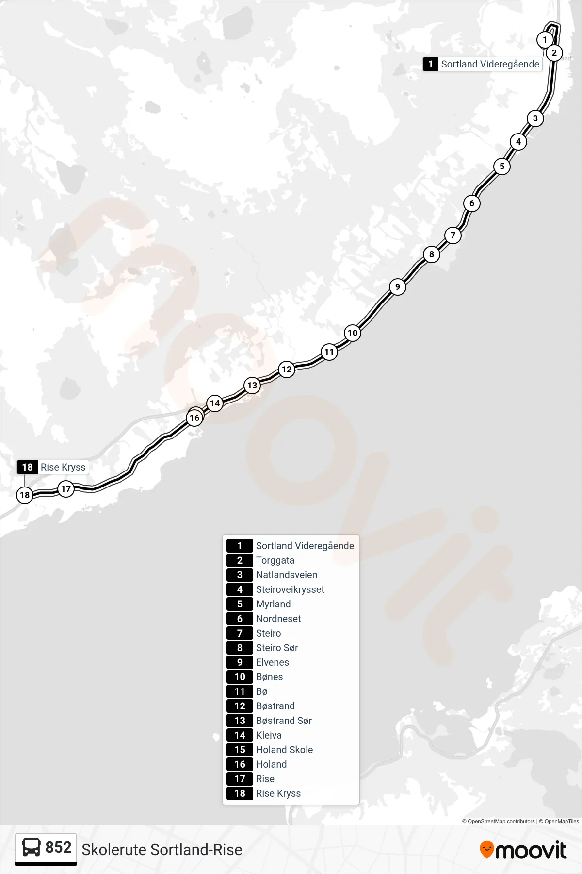 852 bus Line (Rise Kryss) route and stops on a map