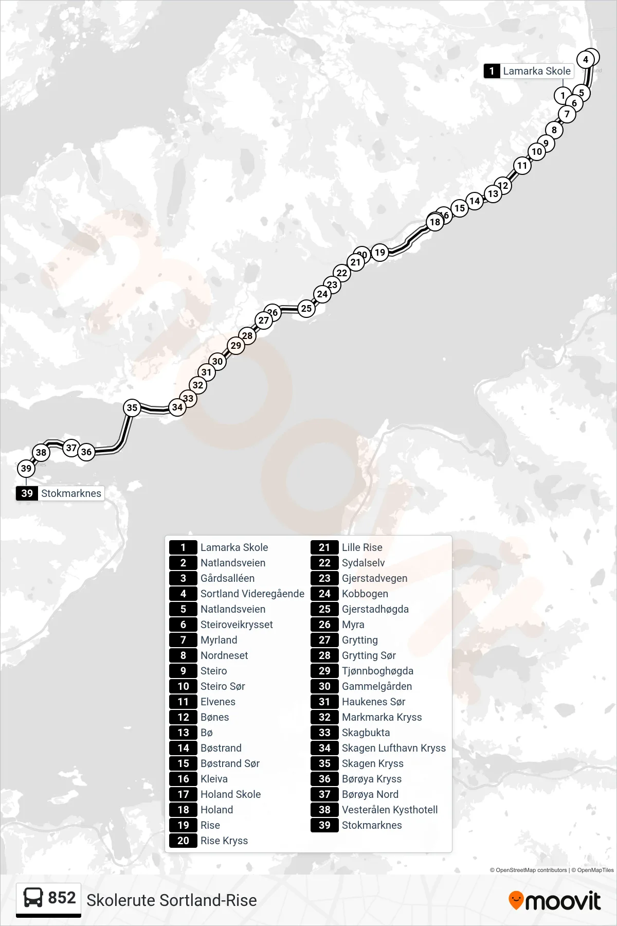 852 bus Line (Stokmarknes Via Rise) route and stops on a map